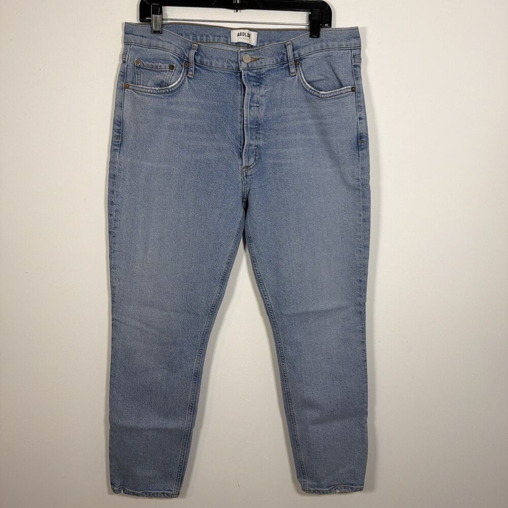 Agolde Denim Jeans Nico High Rise Straight 32 Light Wash Frayed Hem Button Fly‎